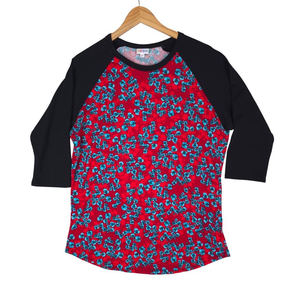LuLaRoe Randy Baseball‎ Tee Women XL Red Blue Floral Black 3/4 Raglan Sleeve